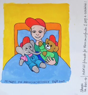Flemming Quist Møller: Forlæg til Frimærke for Børnecancerfonden. Sign. 2009. Akvarel. Sign. 25 x 25 cm. Indramm