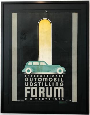 Sven Henriksen: "International Automobiludstilling, Forum 1934". Orginal vintageposter. 83 x 62. Indrammet med museumsglas.