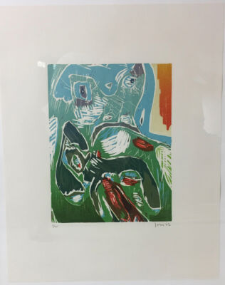 Asger Jorn: "Strabisme Pastoral", 1972, Sign. Jorn 2/75. Træsnit, 56 x 44 cm. Indrammet.