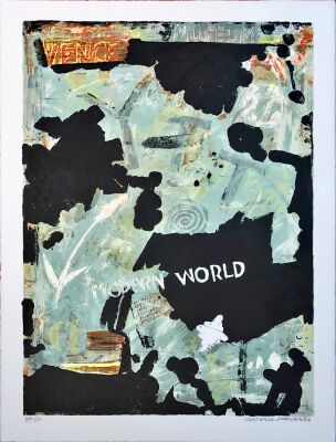 Bent Karl Jacobsen: "Modern World". Litografi i farver. Sign. 76 x 67. Uindrammet