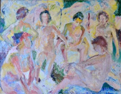 Grethe Bagge: Badende Kvinder. Olie på lærred, sign. 1994. 114 x 145 cm