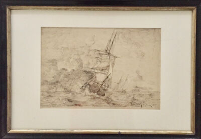 C. F. Sørensen: Marine, laveret tusch. Sign. 1854. 23 x 31.