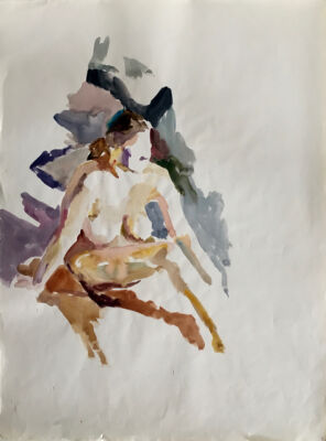 Grethe Bagge: Modelstudie,ca. 1960. Attesteret på bagsiden: Grethe Bagge Collection. Akvarel på papir, 64 x 48 cm. Indrammet.