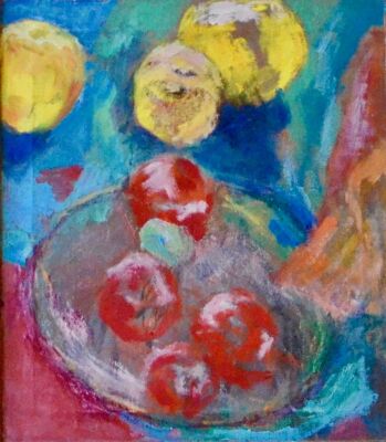 Grethe Bagge: Gule frugter og æbler i fad. Olie på lærred. Stmpl. Grethe Bagge Collection. 47 x 41