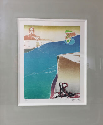 Asger Jorn: "Dans le Sillage D'if-aube", 1972, Sign. Jorn 19/75. Træsnit, 36 x 28 cm. Indrammet.