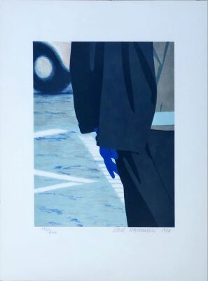 Erik Rasmussen: "Fodgænger med blå handske". Litografi i farver. Sign 1988. og nummereret. 43 x 31. Uindrammet