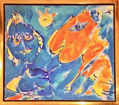 Carl-Henning Pedersen: "Orange Heste", 1985. Olie på lærred. Molesmes. Sign. på bagsiden. 60 x 70 cm