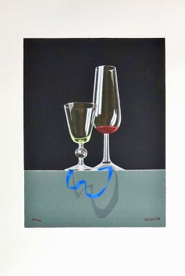 Erling Steen: Opstilling med to glas. Serigrafi i farver. Sign. og nummereret. 60 x 40. Uindrammet