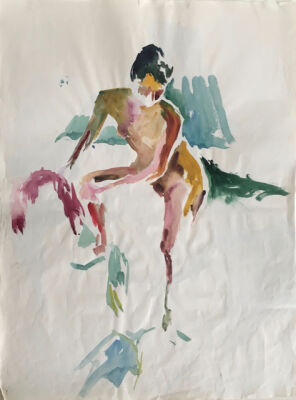 Grethe Bagge: Modelstudie, ca. 1960. Attesteret på bagsiden: Grethe Bagge Collection. Akvarel på papir, 64 x 48 cm. Indrammet.