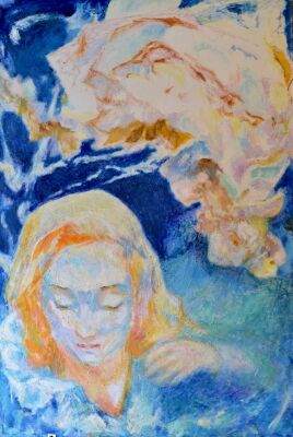 Grethe Bagge: Kvinde i spirituelt sceneri. Olie på lærred. Stmpl. Grethe Bagge Collection. 196 x 130