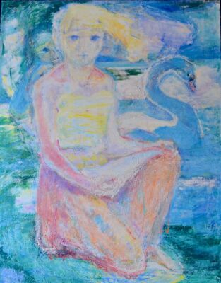 Grethe Bagge: Kvinde og svane, mytisk sceneri. Olie på lærred. Stmpl. Grethe Bagge Collection. 146 x 114 cm