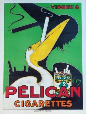 Ch. Yzay: “Pélican Cigarettes”, Org. Litho. Vintage poster, c1935. Edia Paris. 80 x 60. Rare