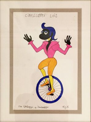 Flemming Quist Møller: Fra Cykelmyggen og Dansemyggen. "Cirkusloppen Lois" Akvarel. Sign. 04. 28 x 20 cm. Indrammet.